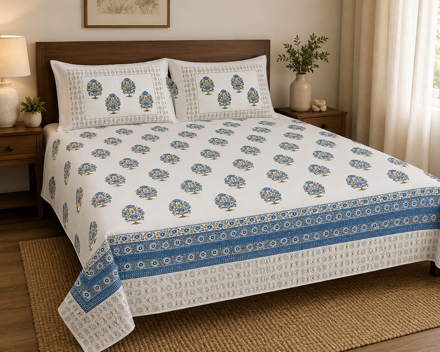 Hand Printed Bedsheet Super King Size Gift Box | 1 Super King Double Bedsheet with 2 Pillow Covers