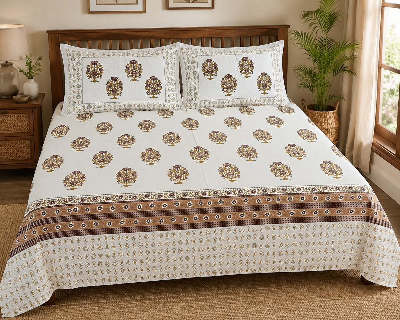 Hand Printed Bedsheet Super King Size Gift Box | 1 Super King Double Bedsheet with 2 Pillow Covers