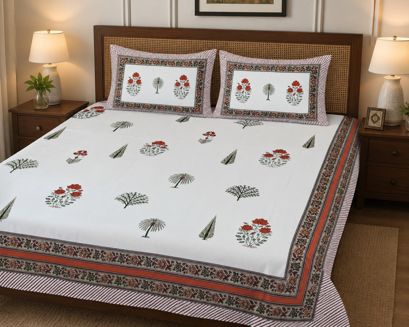 Gift Box with Handblock Print Super King Bedsheet in Extra Soft Percale Cotton with 2 Pillow covers