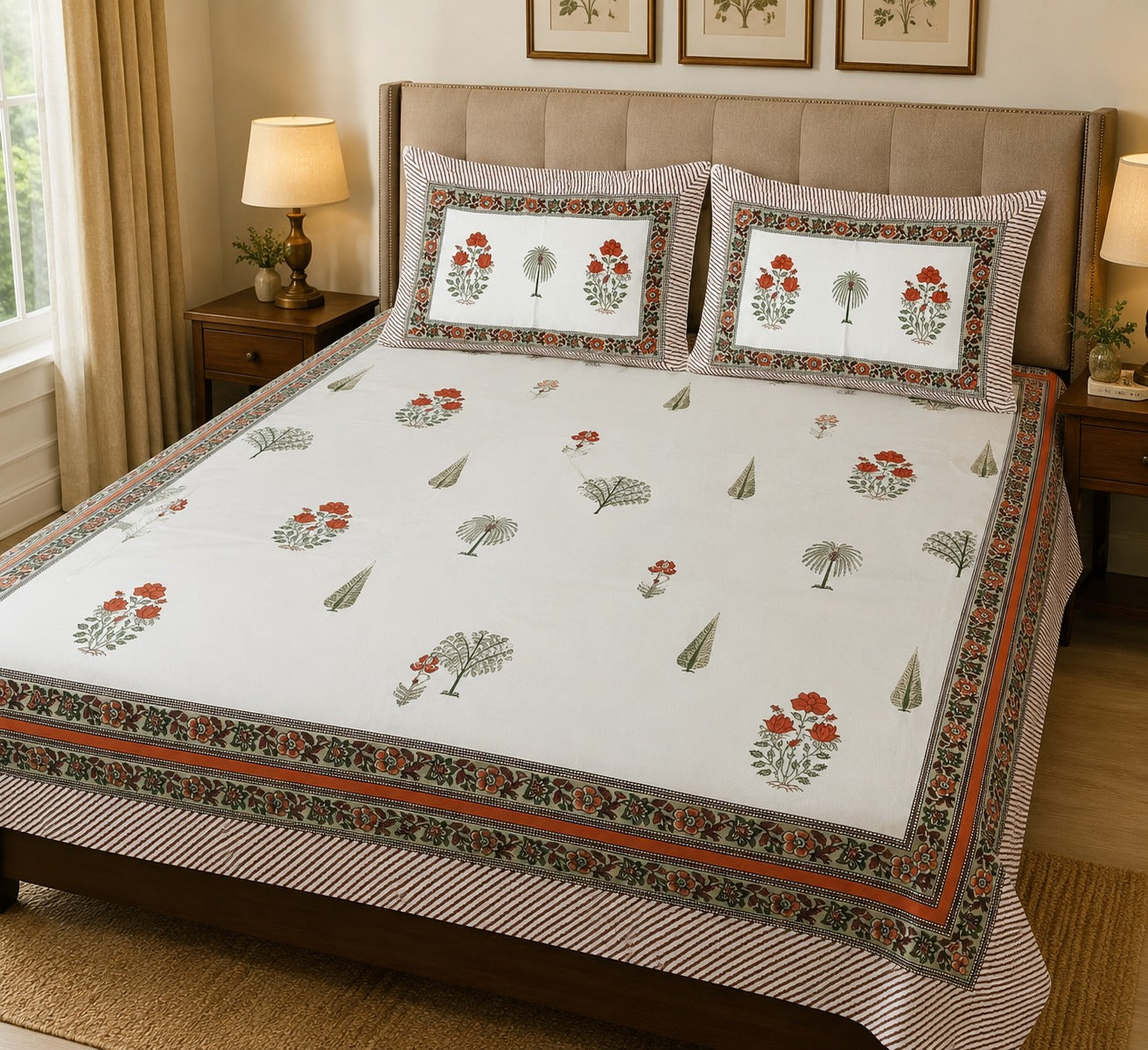 Gift Box with Handblock Print Super King Bedsheet in Extra Soft Percale Cotton with 2 Pillow covers
