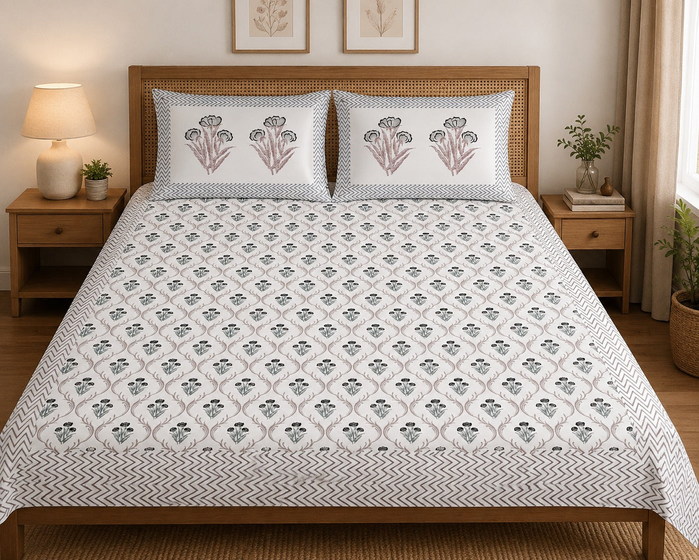 Gift Box with Handblock Print Super King Bedsheet in Extra Soft Percale Cotton with 2 Pillow covers