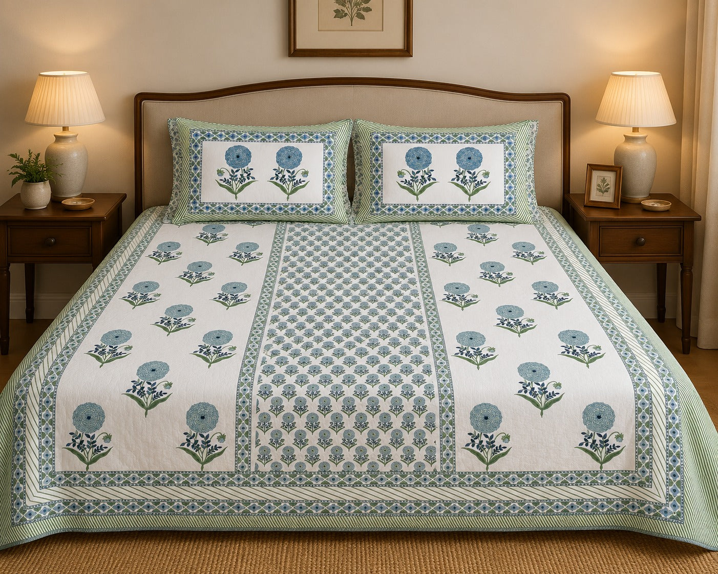 Gift Box with Handblock Print Super King Bedsheet in Extra Soft Percale Cotton with 2 Pillow covers