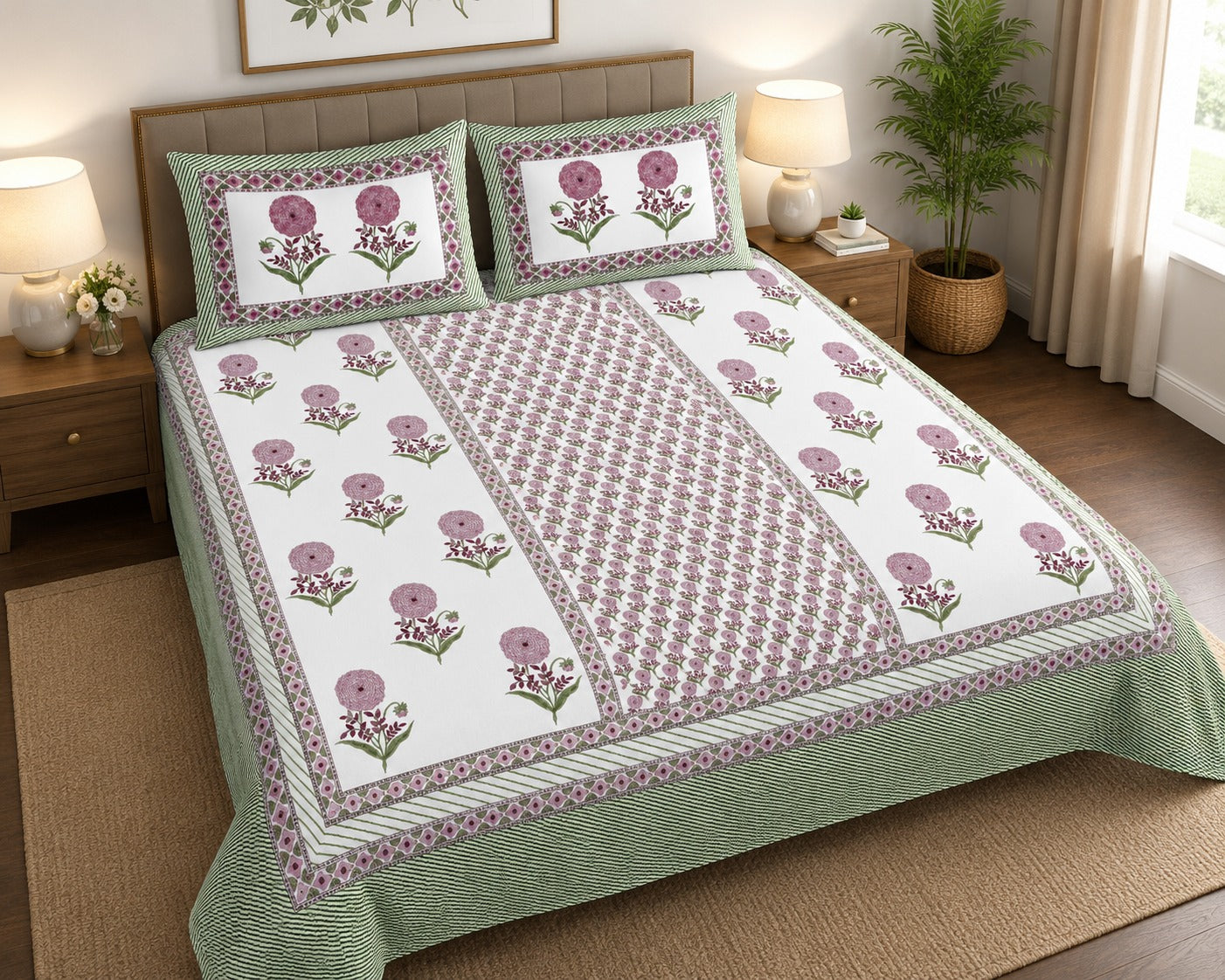 Gift Box with Handblock Print Super King Bedsheet in Extra Soft Percale Cotton with 2 Pillow covers