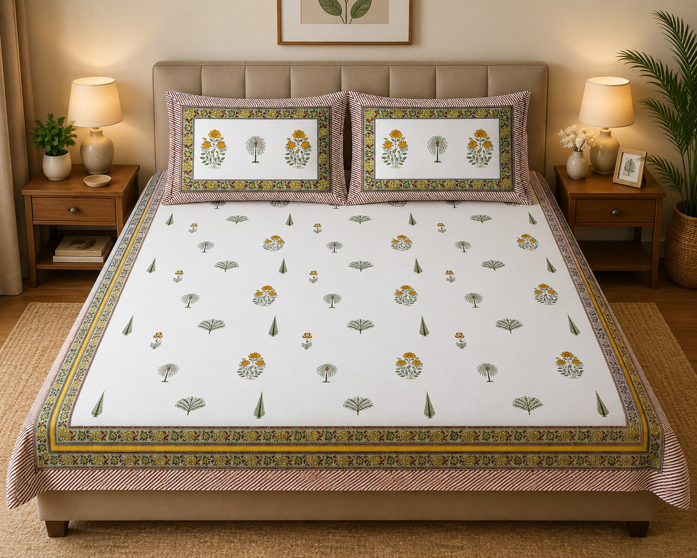 Gift Box with Handblock Print Super King Bedsheet in Extra Soft Percale Cotton with 2 Pillow covers