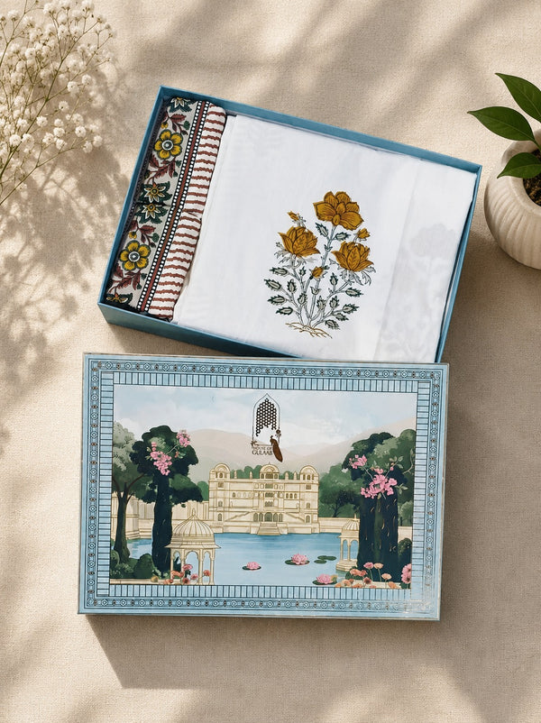 Gift Box with Handblock Print Super King Bedsheet in Extra Soft Percale Cotton with 2 Pillow covers