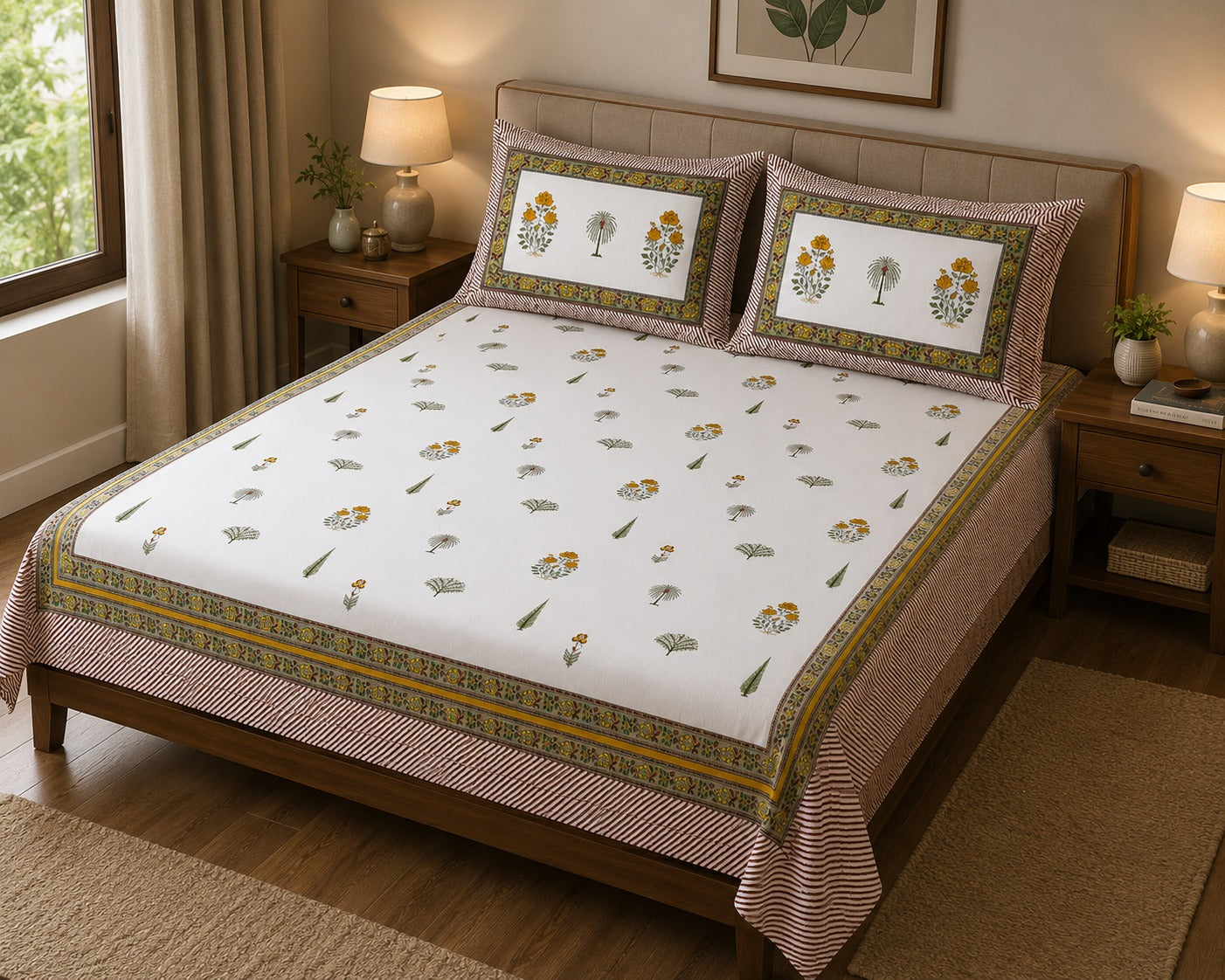 Gift Box with Handblock Print Super King Bedsheet in Extra Soft Percale Cotton with 2 Pillow covers