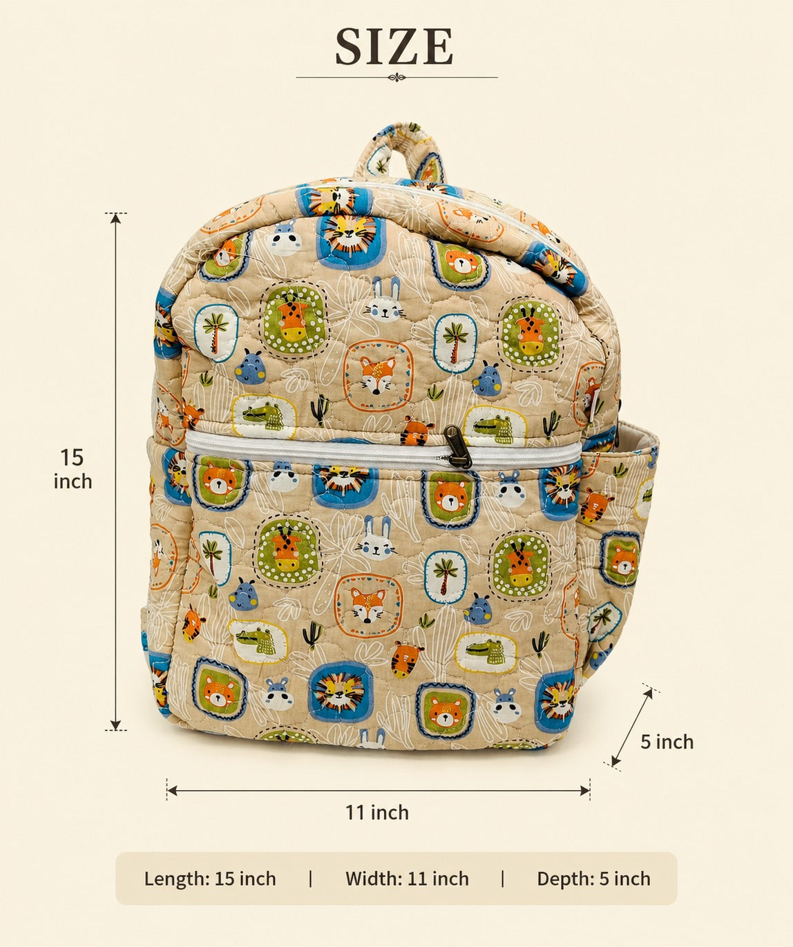 Handblock Printed Cotton Kids’ School Backpack with Front Zip Pocket