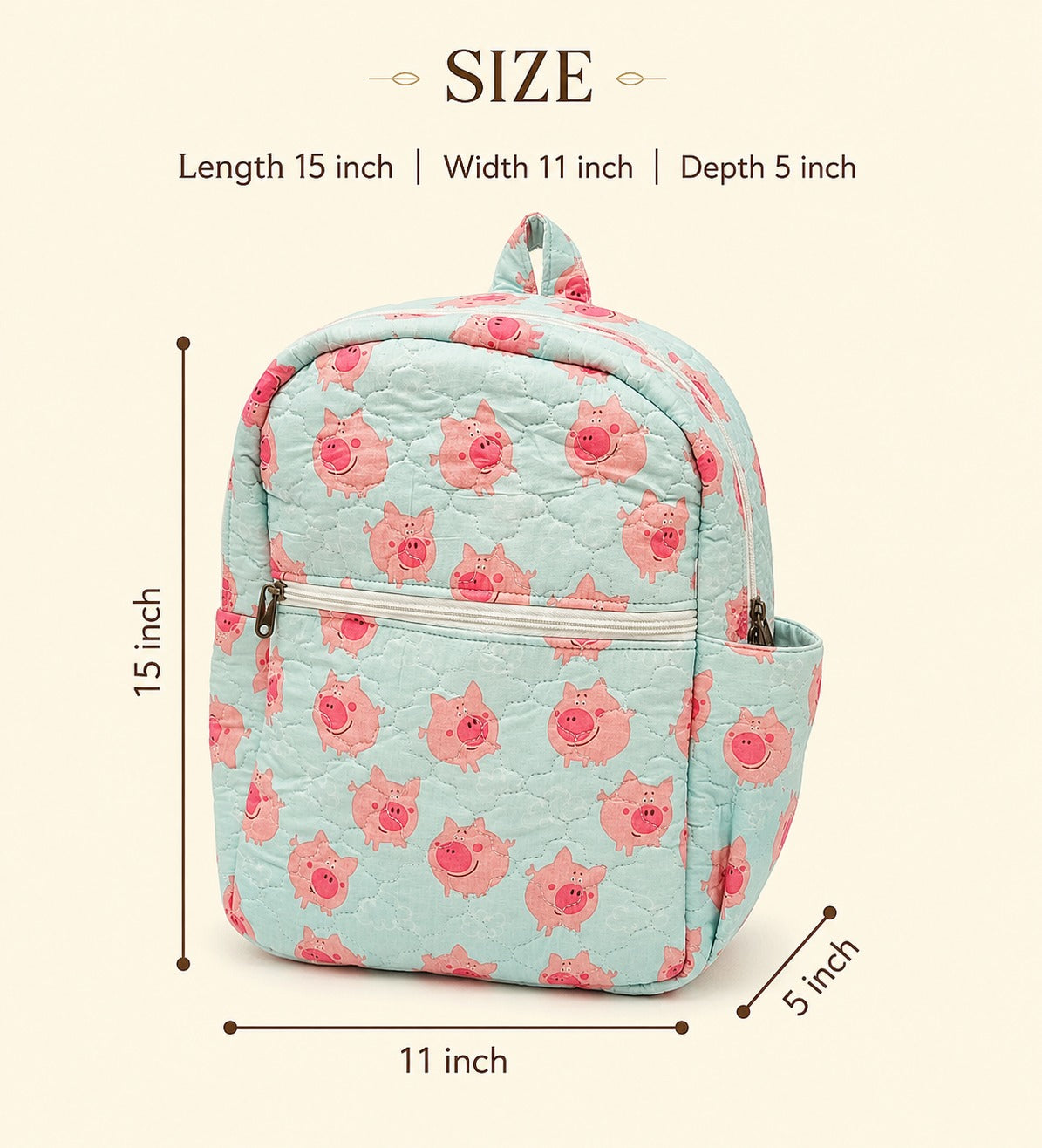 Handblock Printed Cotton Kids’ School Backpack with Front Zip Pocket