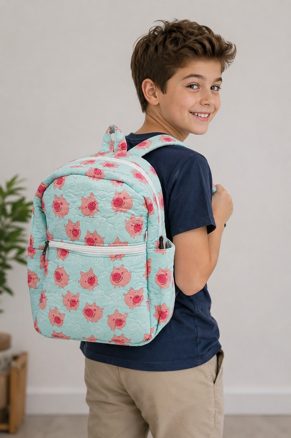 Handblock Printed Cotton Kids’ School Backpack with Front Zip Pocket