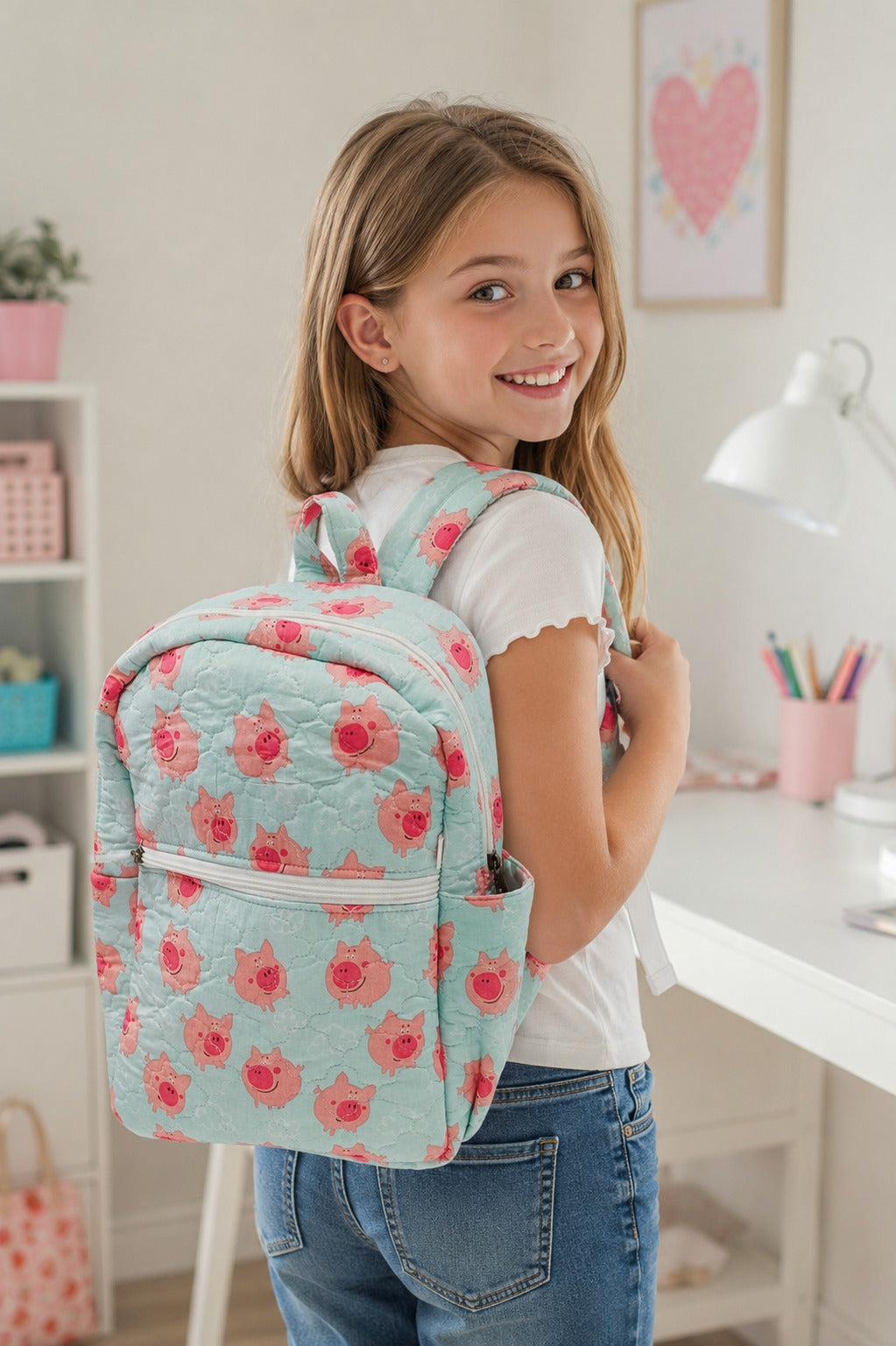 Handblock Printed Cotton Kids’ School Backpack with Front Zip Pocket