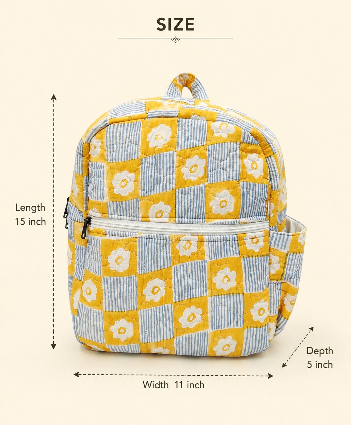 Handblock Printed Cotton Kids’ School Backpack with Front Zip Pocket