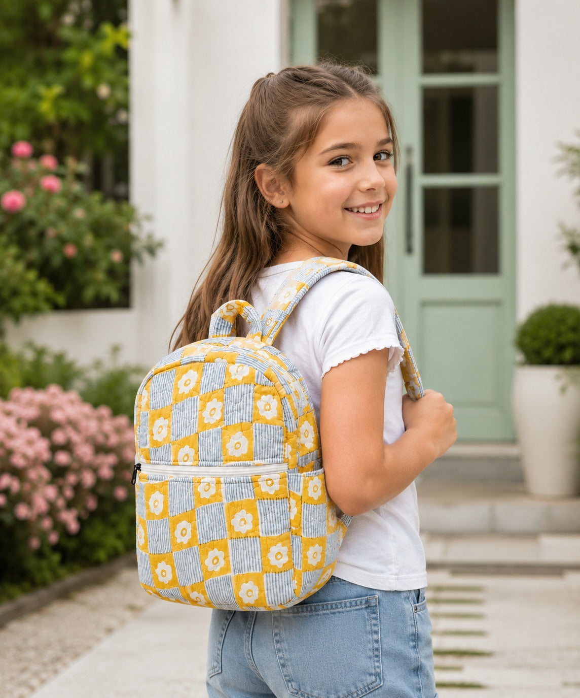 Handblock Printed Cotton Kids’ School Backpack with Front Zip Pocket