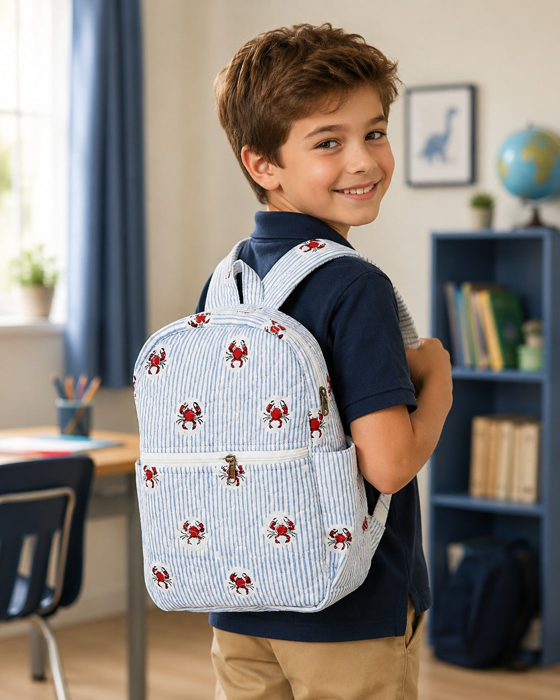 Handblock Printed Cotton Kids’ School Backpack with Front Zip Pocket