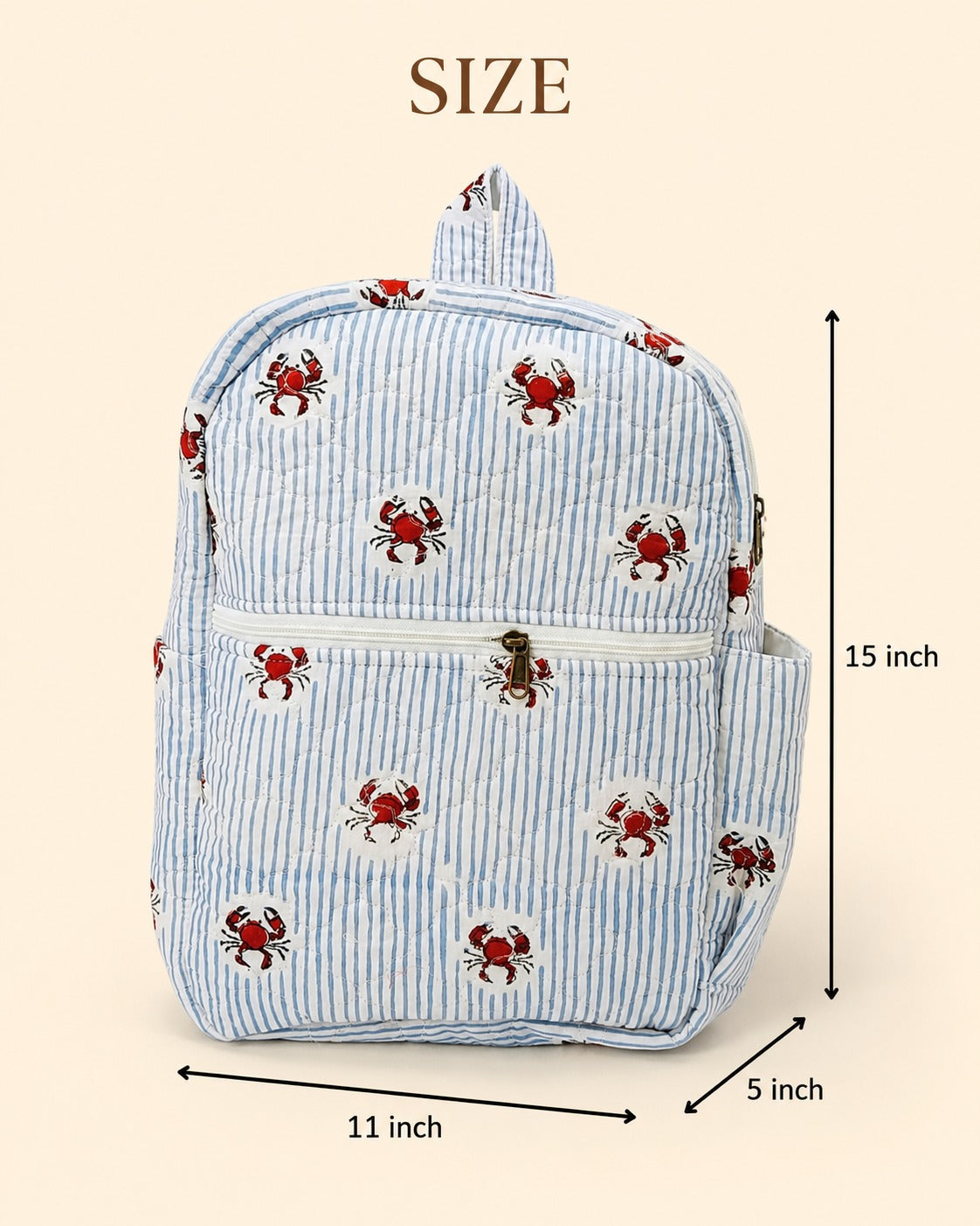 Handblock Printed Cotton Kids’ School Backpack with Front Zip Pocket