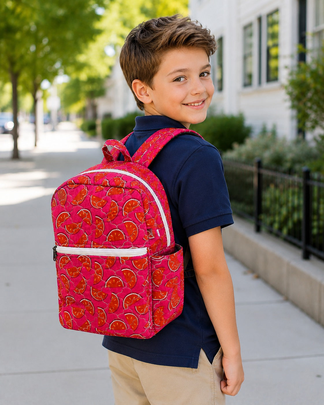 Handblock Printed Cotton Kids’ School Backpack with Front Zip Pocket