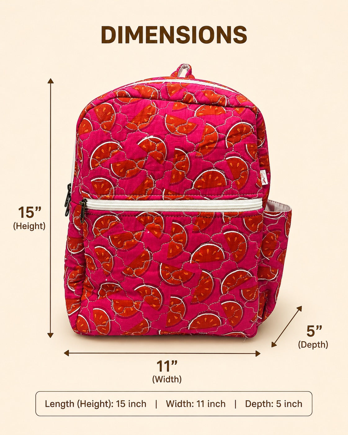 Handblock Printed Cotton Kids’ School Backpack with Front Zip Pocket