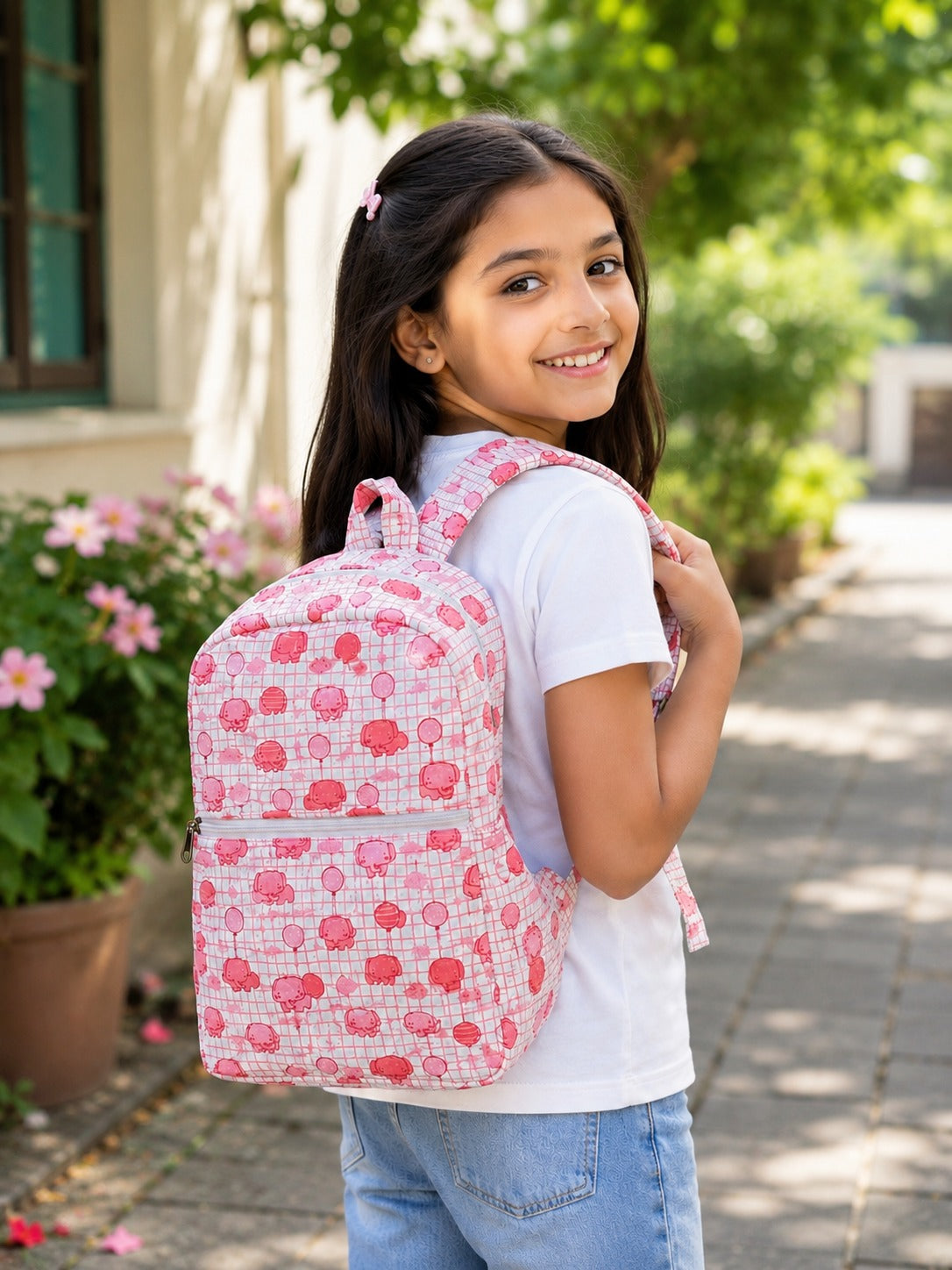 Handblock Printed Cotton Kids’ School Backpack with Front Zip Pocket