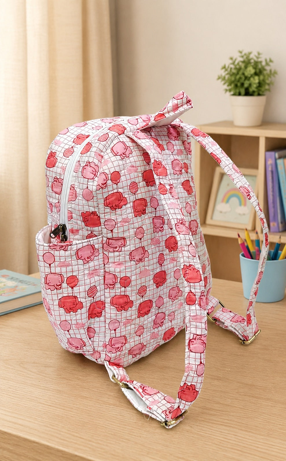 Handblock Printed Cotton Kids’ School Backpack with Front Zip Pocket