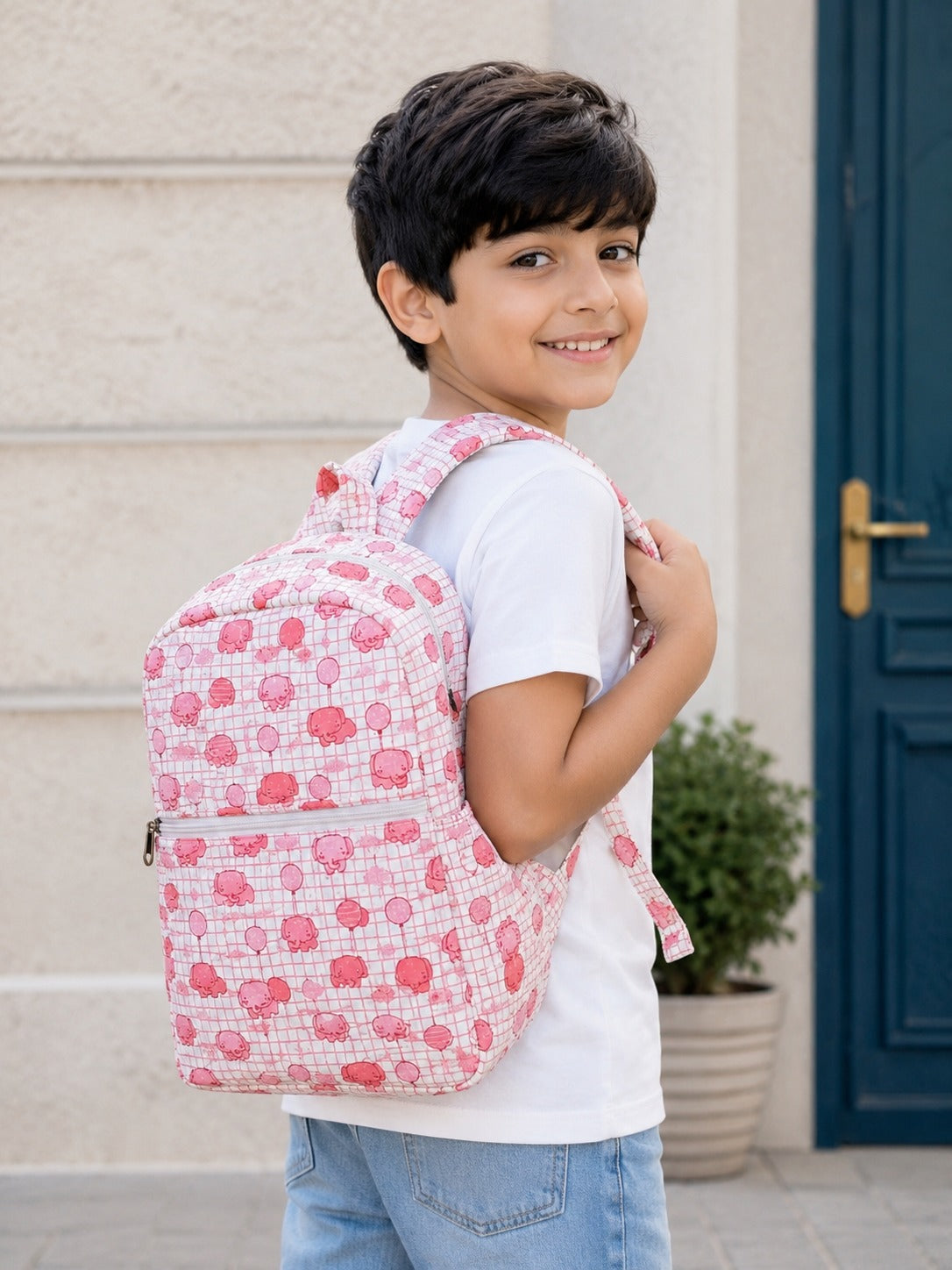 Handblock Printed Cotton Kids’ School Backpack with Front Zip Pocket