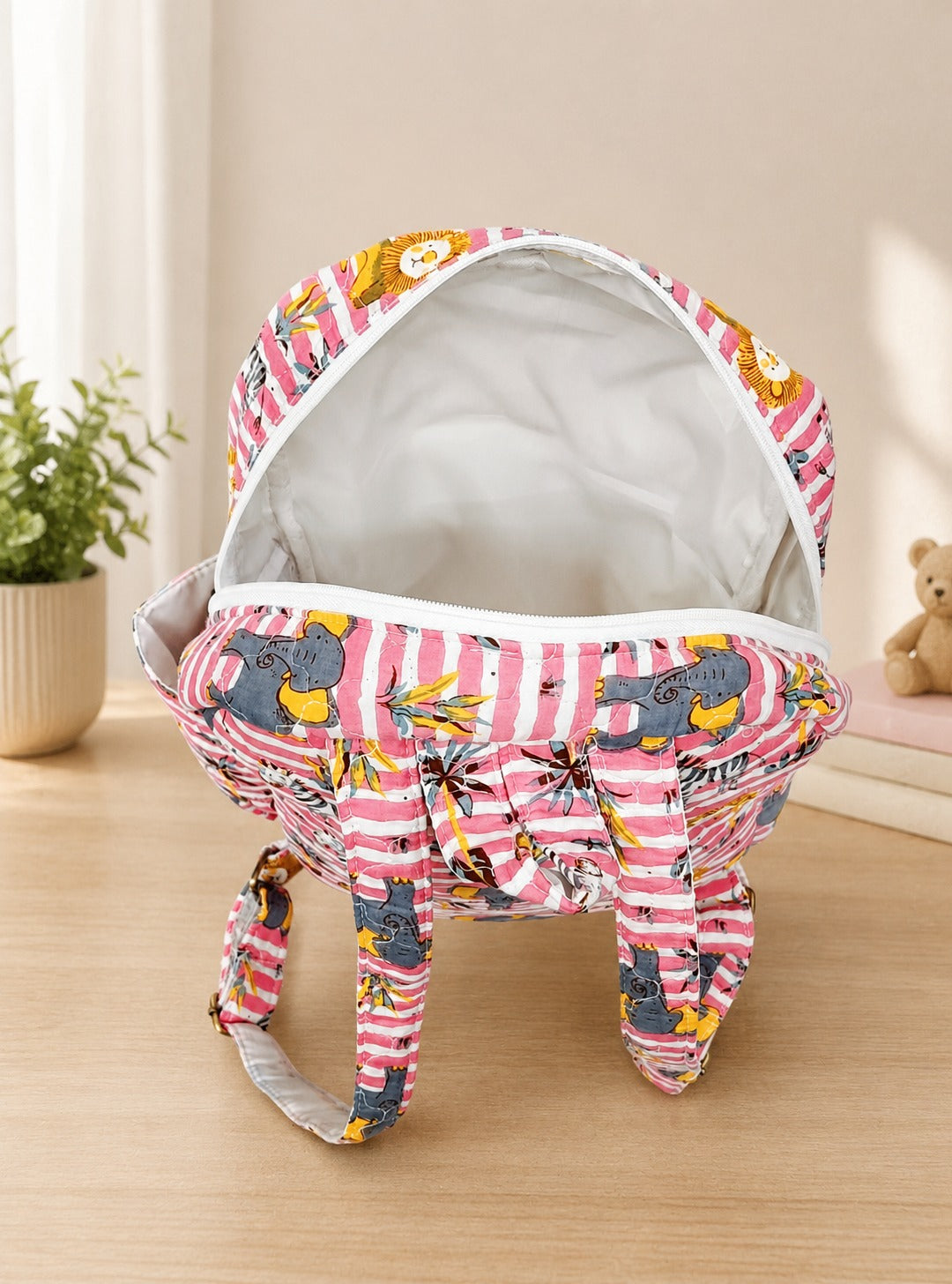 Handblock Printed Cotton Kids’ School Backpack with Front Zip Pocket