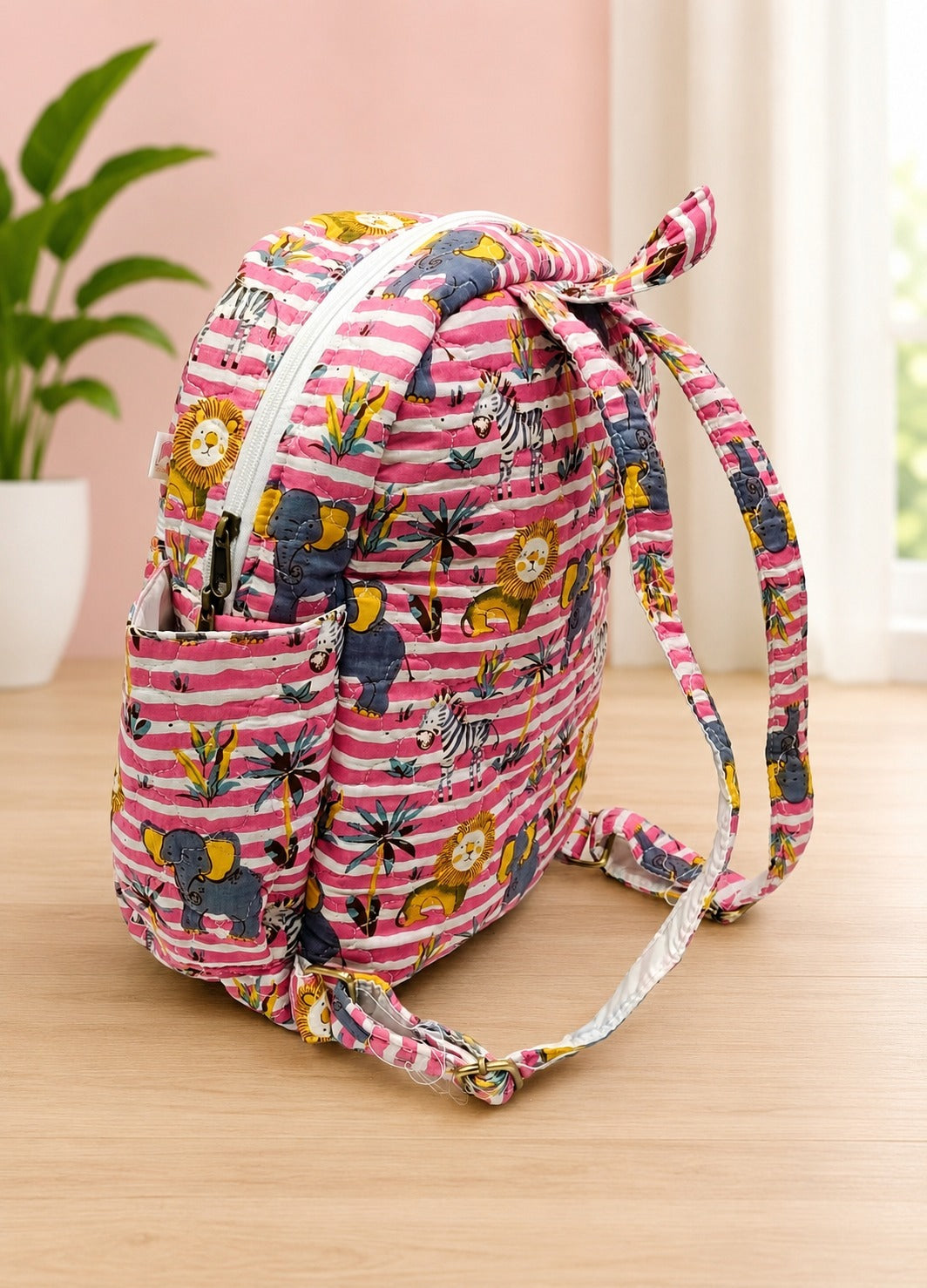 Handblock Printed Cotton Kids’ School Backpack with Front Zip Pocket