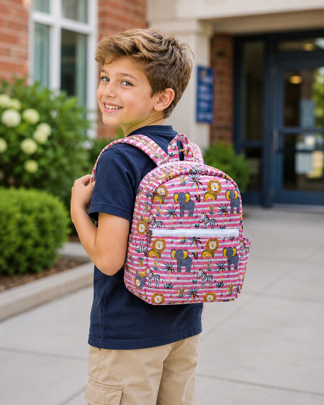 Handblock Printed Cotton Kids’ School Backpack with Front Zip Pocket