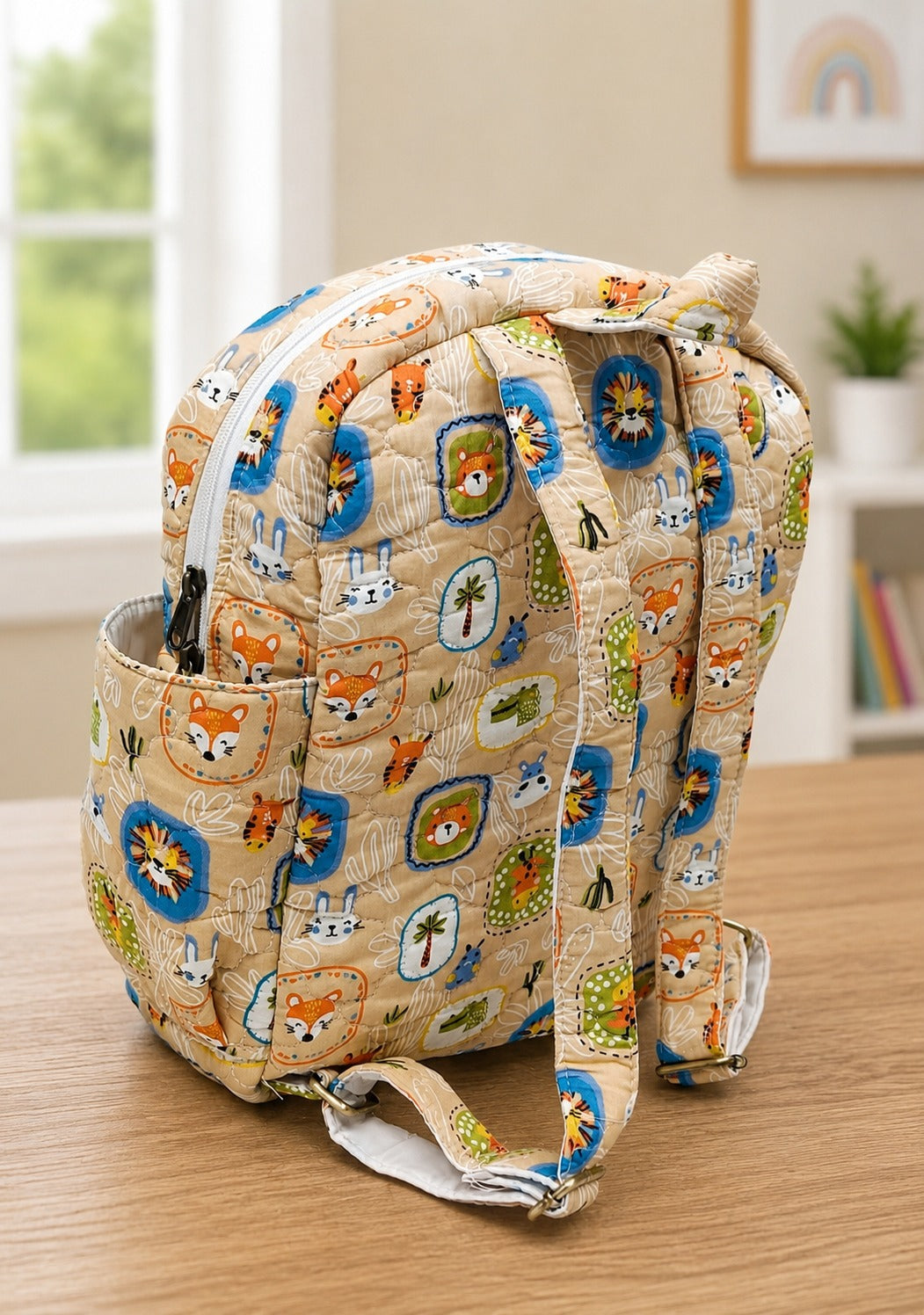 Handblock Printed Cotton Kids’ School Backpack with Front Zip Pocket