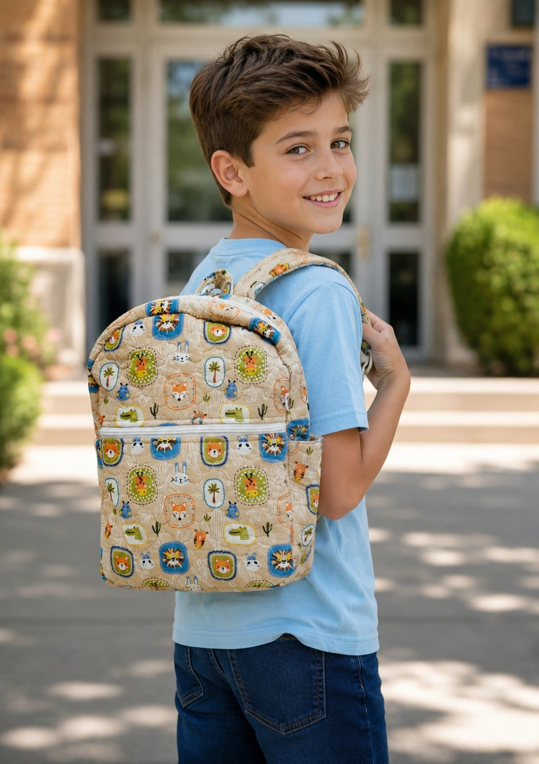 Handblock Printed Cotton Kids’ School Backpack with Front Zip Pocket