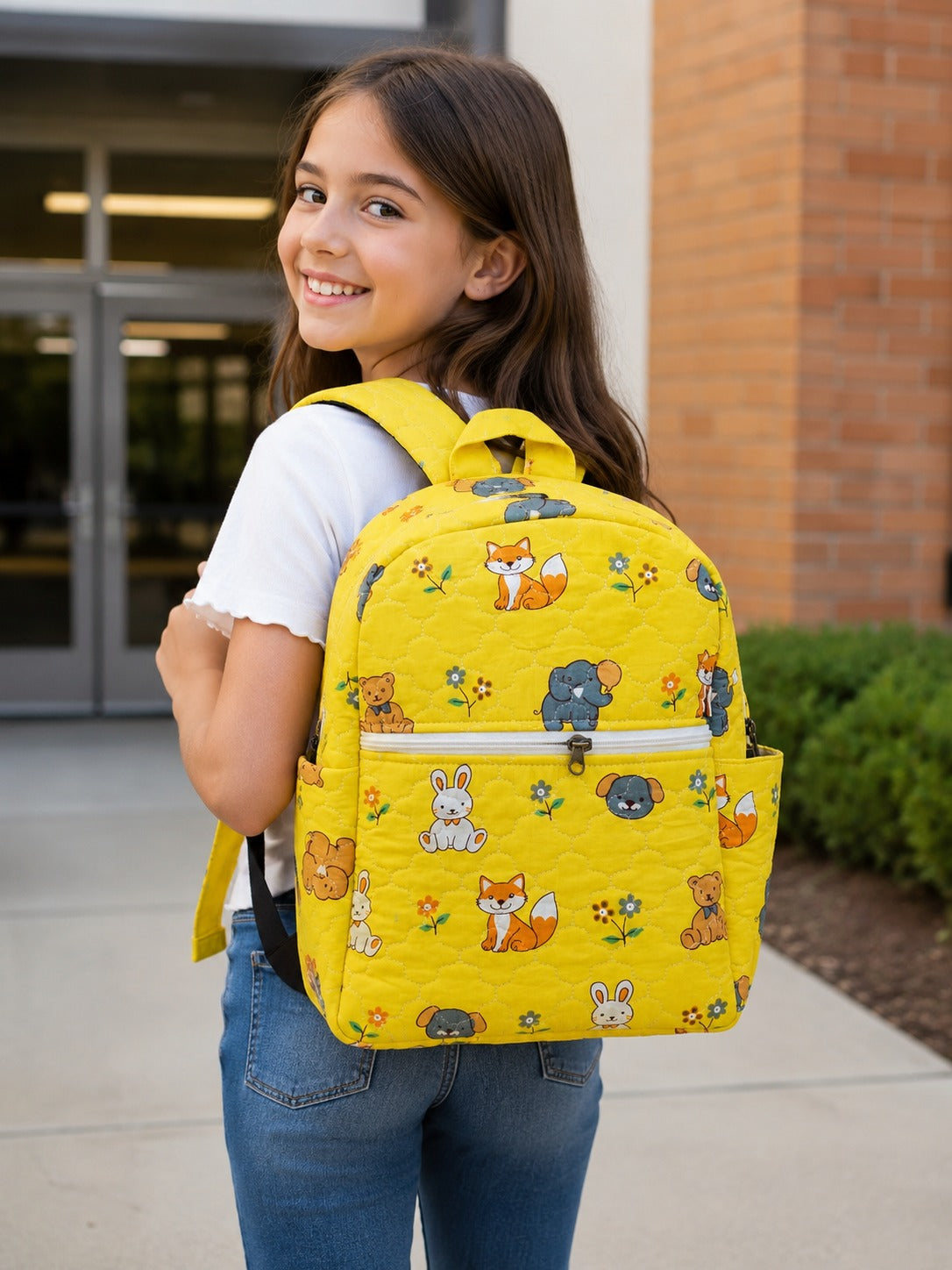 Handblock Printed Cotton Kids’ School Backpack with Front Zip Pocket