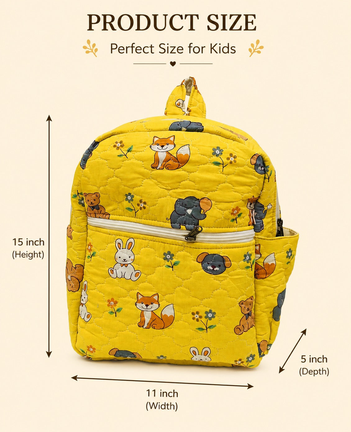 Handblock Printed Cotton Kids’ School Backpack with Front Zip Pocket