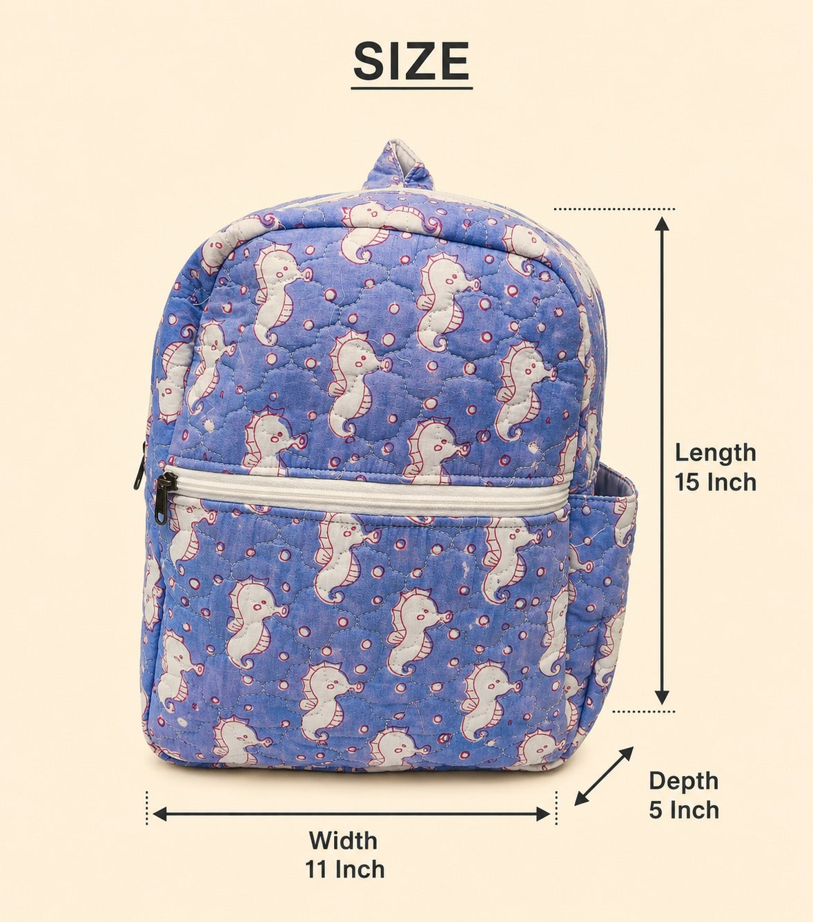 Handblock Printed Cotton Kids’ School Backpack with Front Zip Pocket