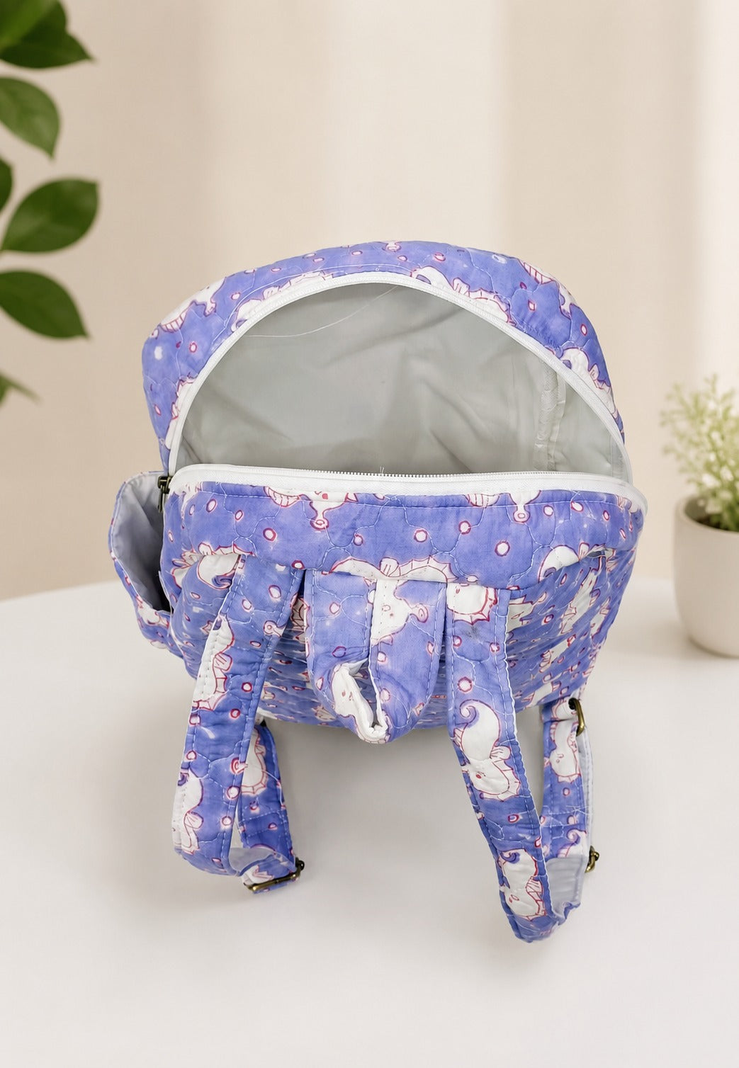 Handblock Printed Cotton Kids’ School Backpack with Front Zip Pocket