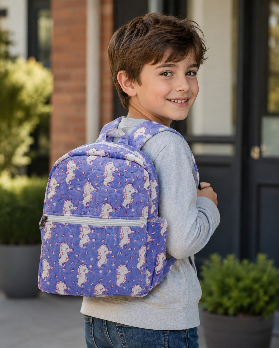 Handblock Printed Cotton Kids’ School Backpack with Front Zip Pocket