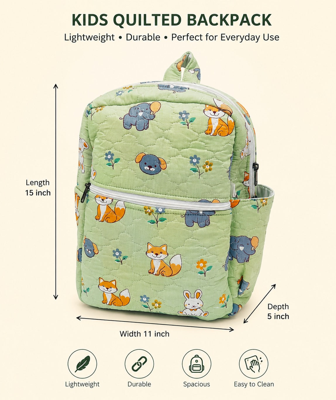 Handblock Printed Cotton Kids’ School Backpack with Front Zip Pocket