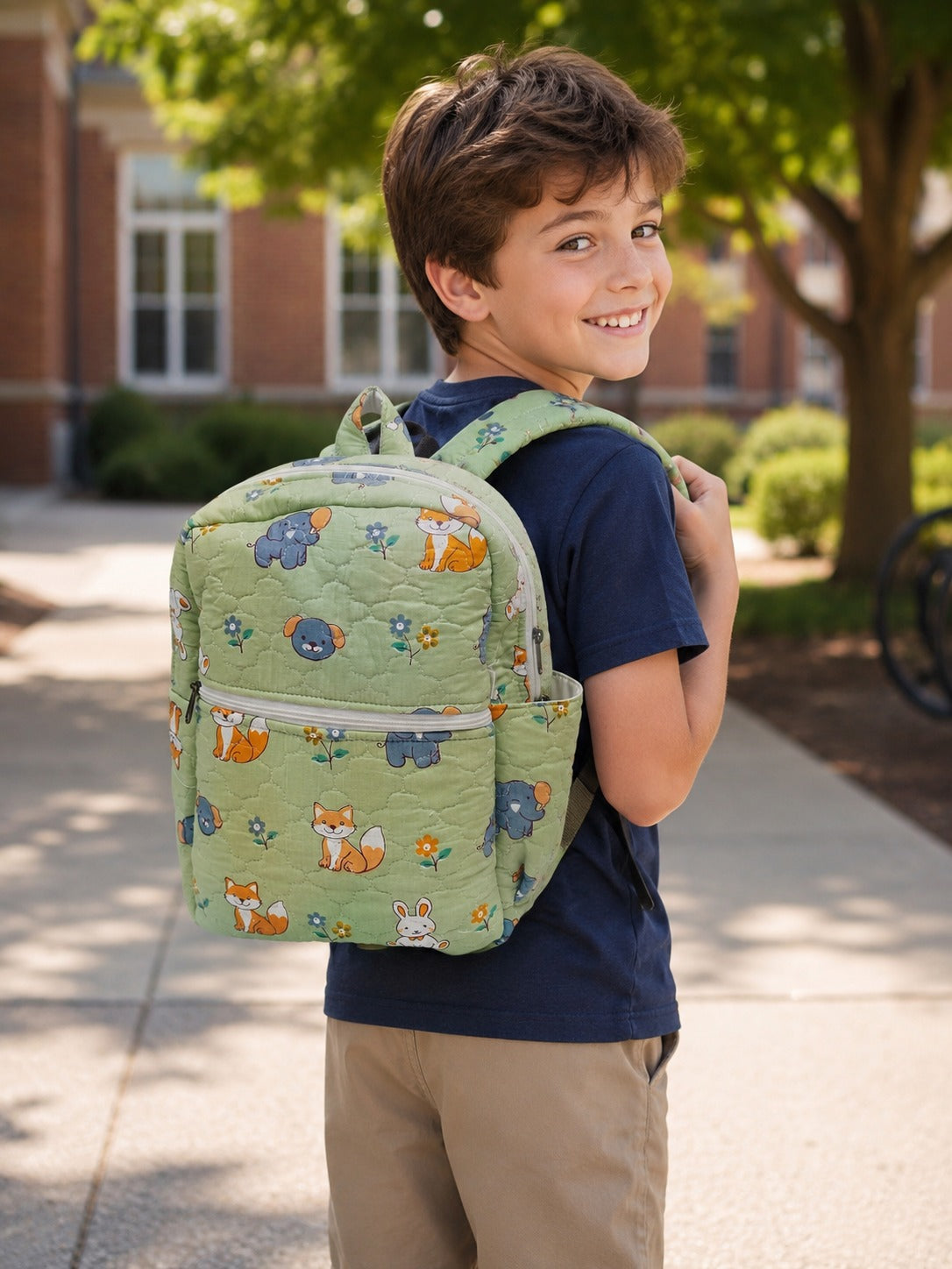 Handblock Printed Cotton Kids’ School Backpack with Front Zip Pocket