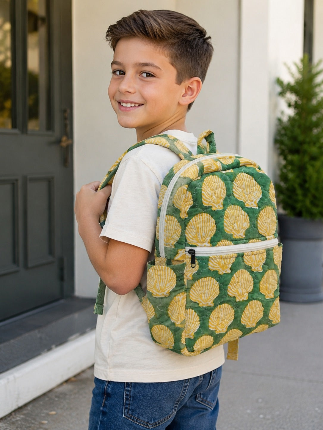 Handblock Printed Cotton Kids’ School Backpack with Front Zip Pocket
