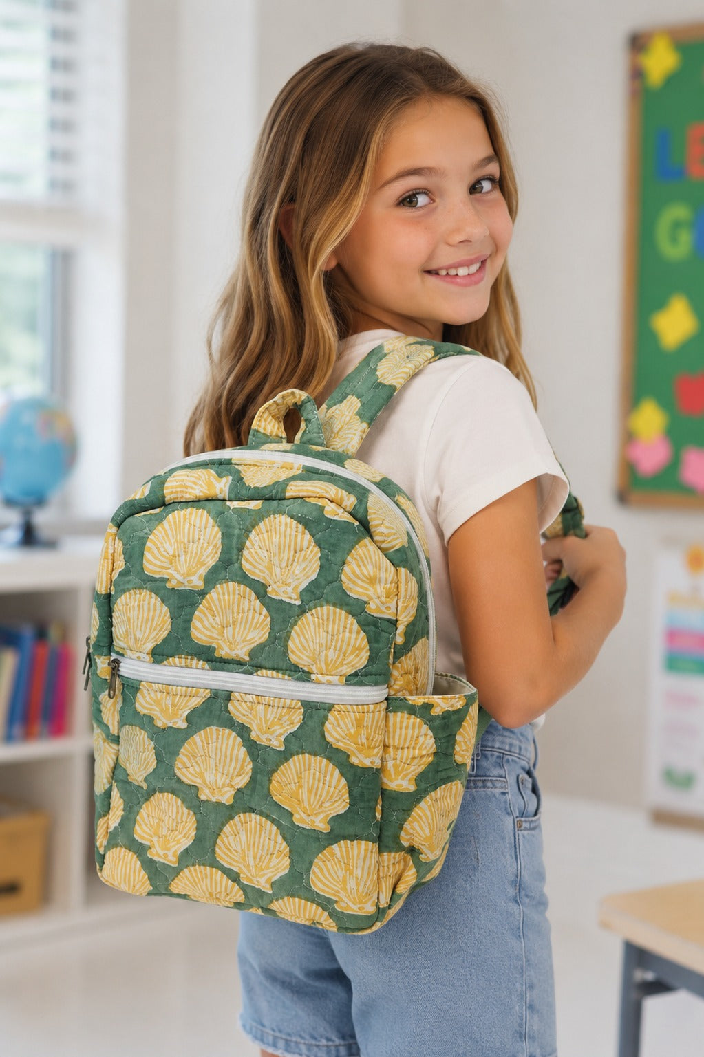 Handblock Printed Cotton Kids’ School Backpack with Front Zip Pocket