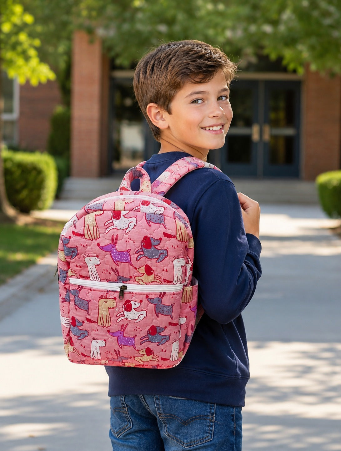 Handblock Printed Cotton Kids’ School Backpack with Front Zip Pocket