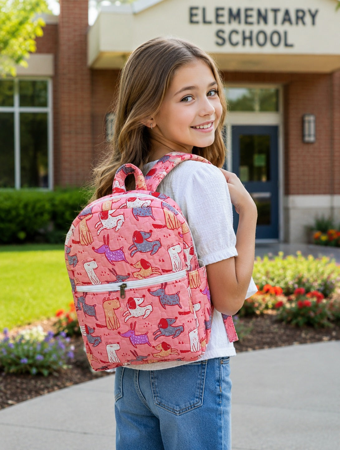 Handblock Printed Cotton Kids’ School Backpack with Front Zip Pocket