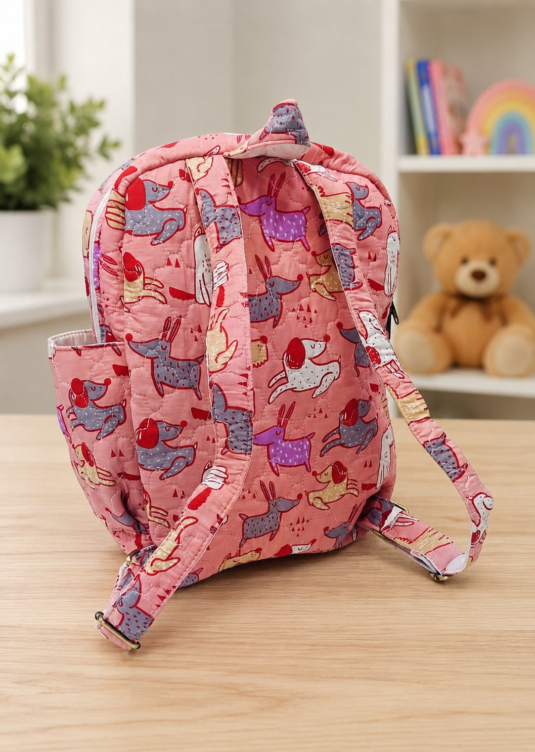 Handblock Printed Cotton Kids’ School Backpack with Front Zip Pocket
