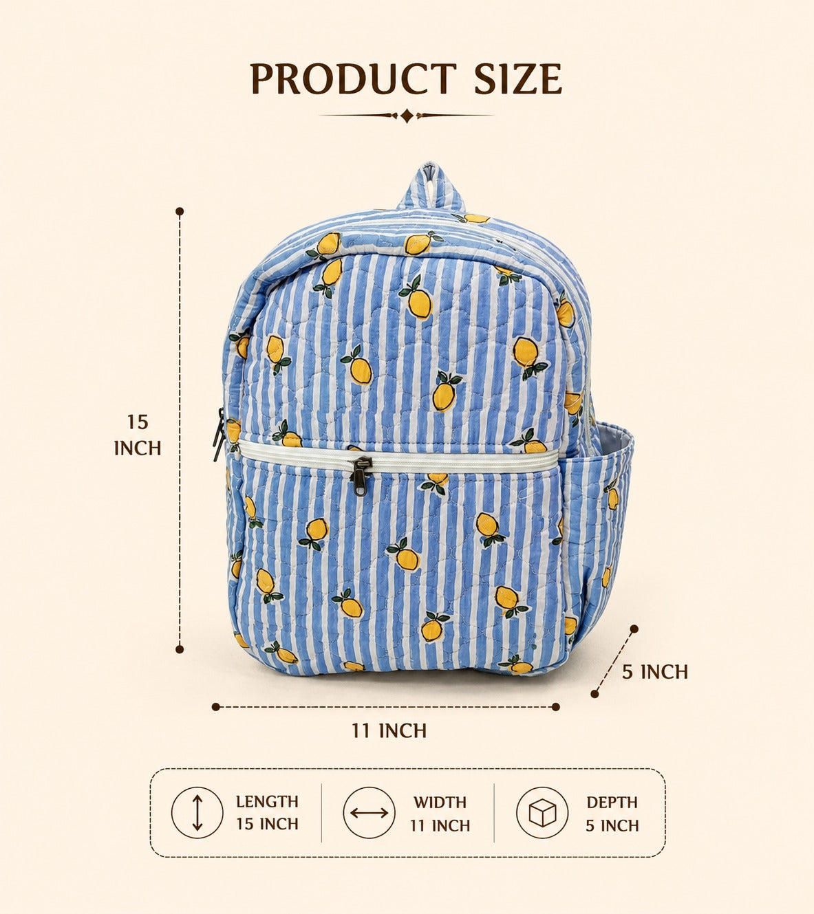 Handblock Printed Cotton Kids’ School Backpack with Front Zip Pocket