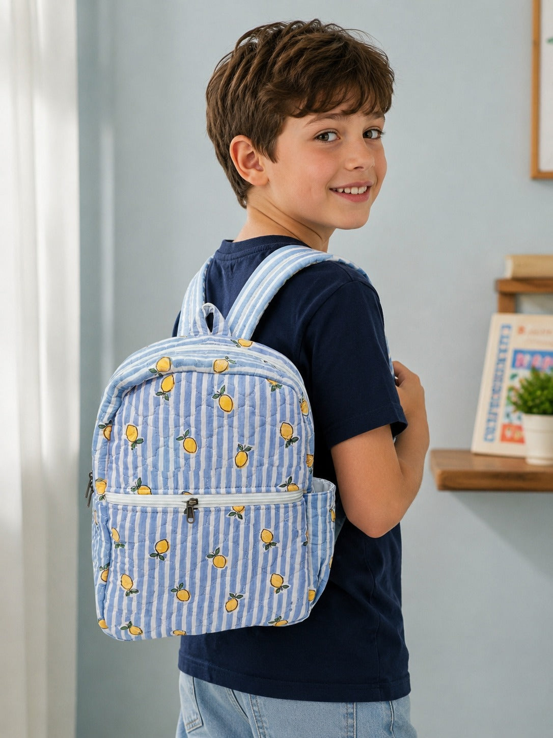 Handblock Printed Cotton Kids’ School Backpack with Front Zip Pocket