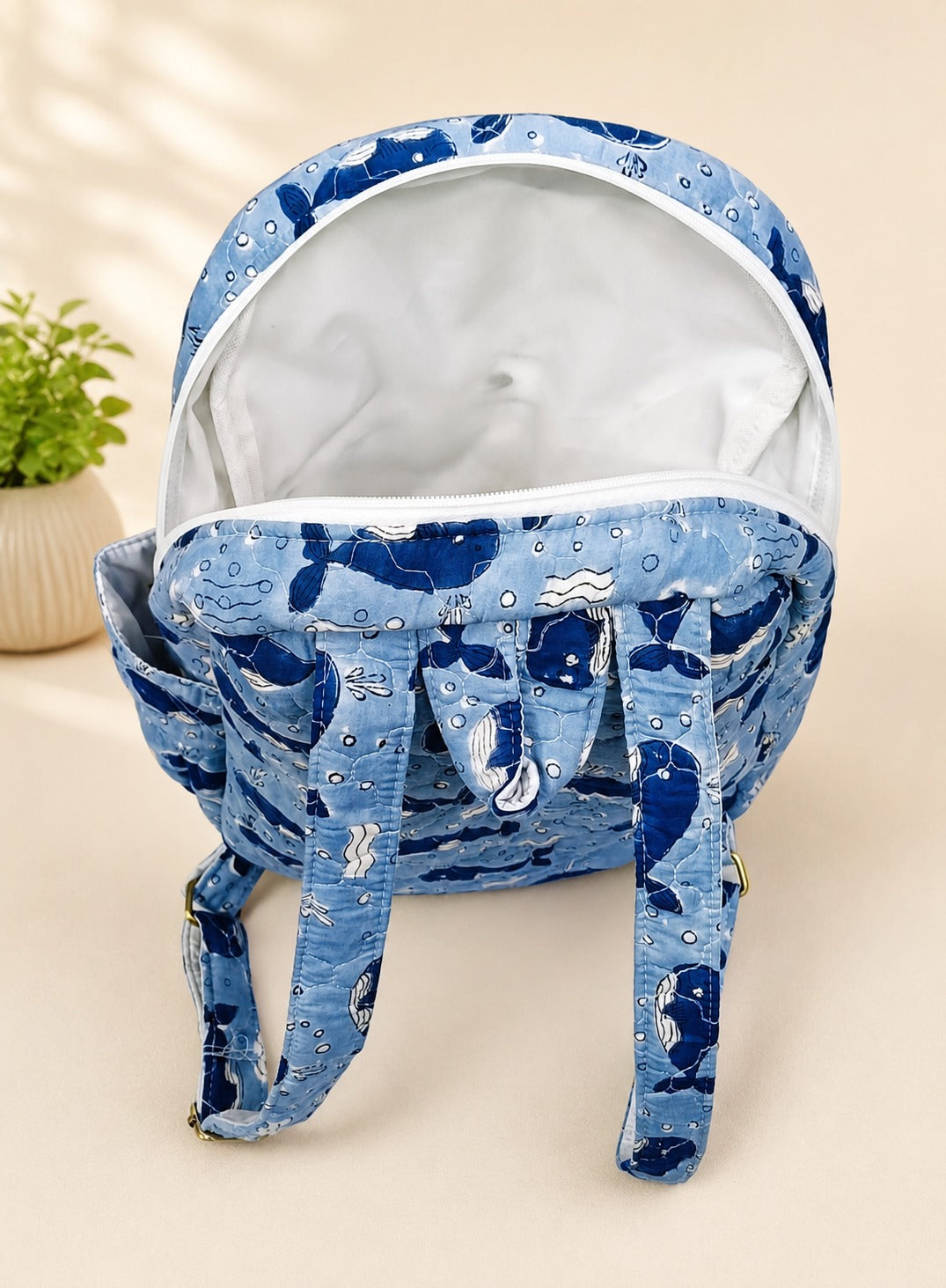 Handblock Printed Cotton Kids’ School Backpack with Front Zip Pocket