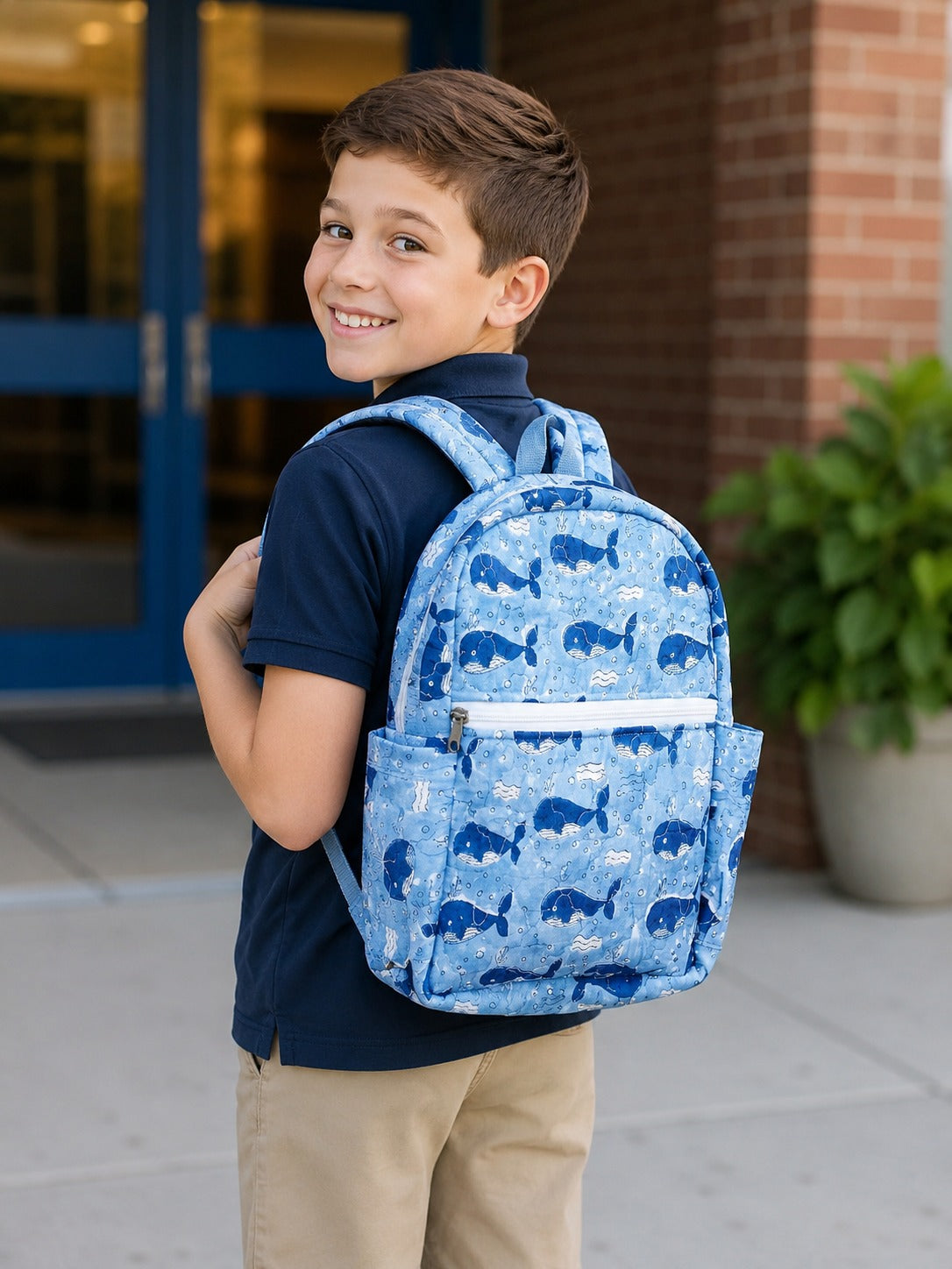 Handblock Printed Cotton Kids’ School Backpack with Front Zip Pocket