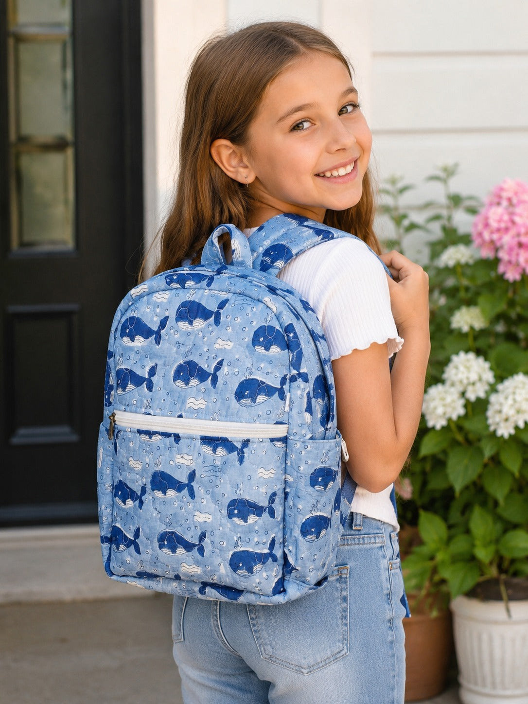Handblock Printed Cotton Kids’ School Backpack with Front Zip Pocket