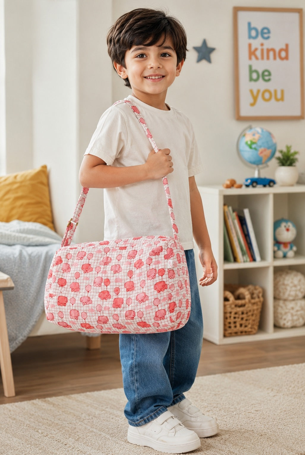 Handblock Printed Cotton Kids’ Duffle Bag with Adjustable Strap