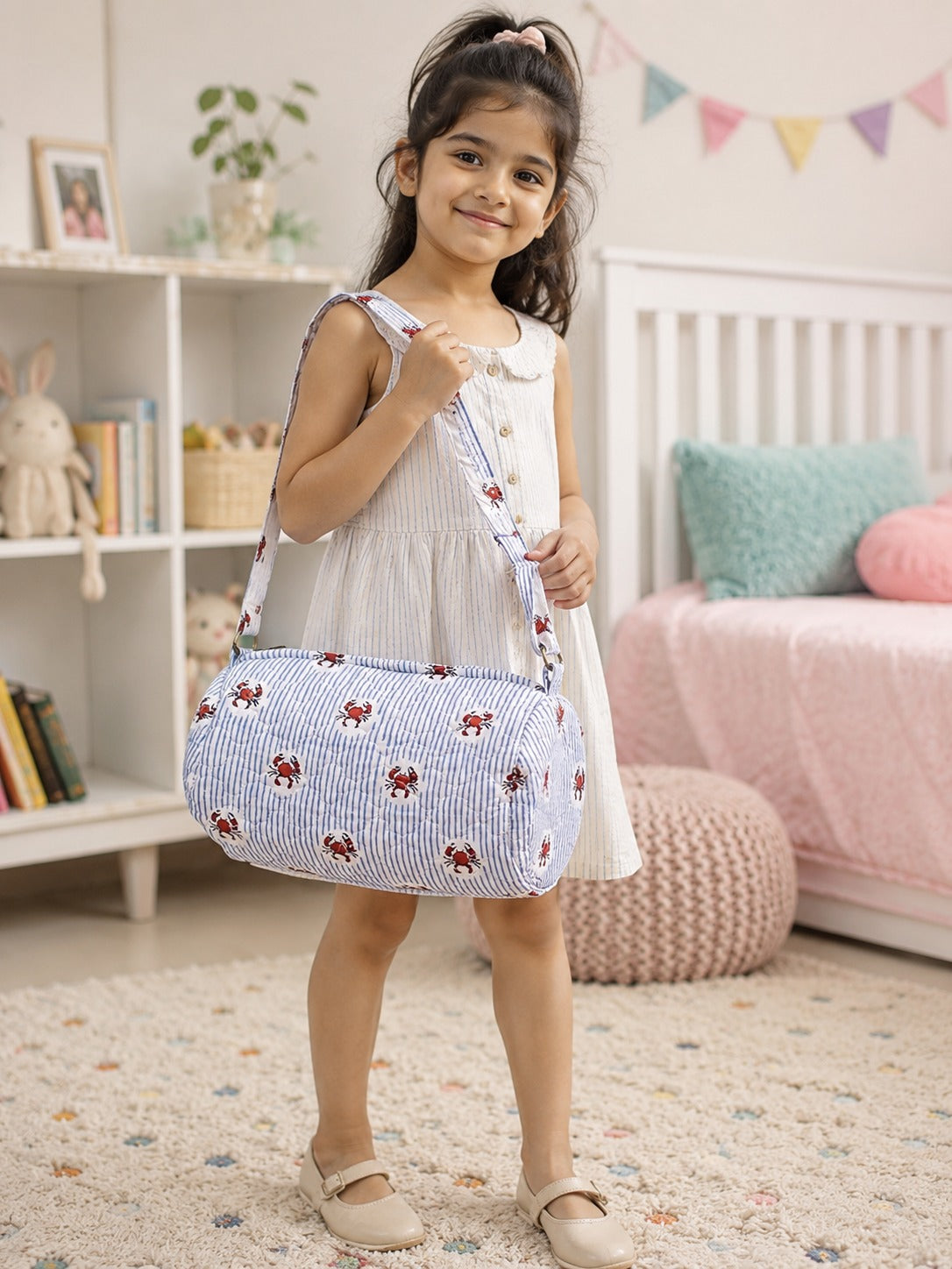 Handblock Printed Cotton Kids’ Duffle Bag with Adjustable Strap