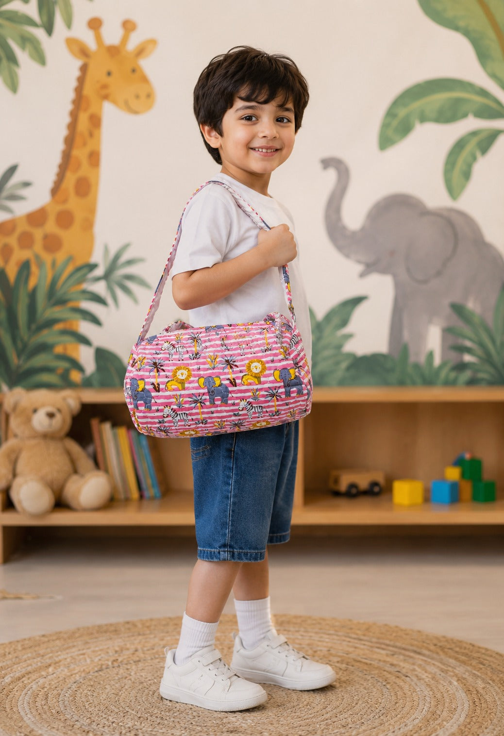 Handblock Printed Cotton Kids’ Duffle Bag with Adjustable Strap