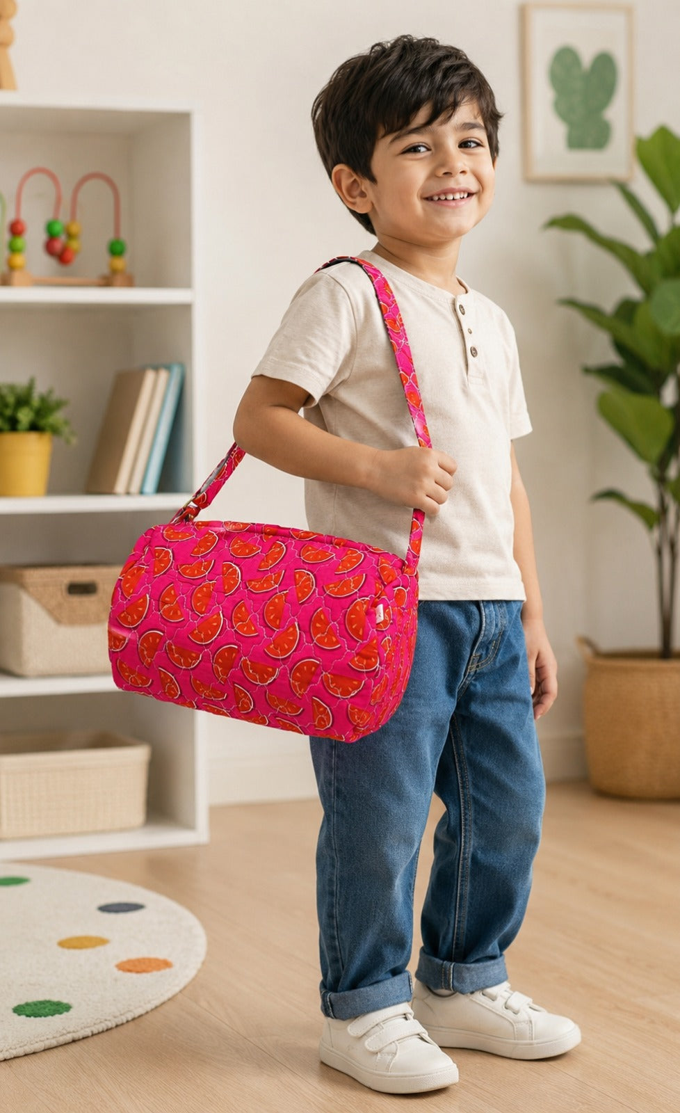 Handblock Printed Cotton Kids’ Duffle Bag with Adjustable Strap