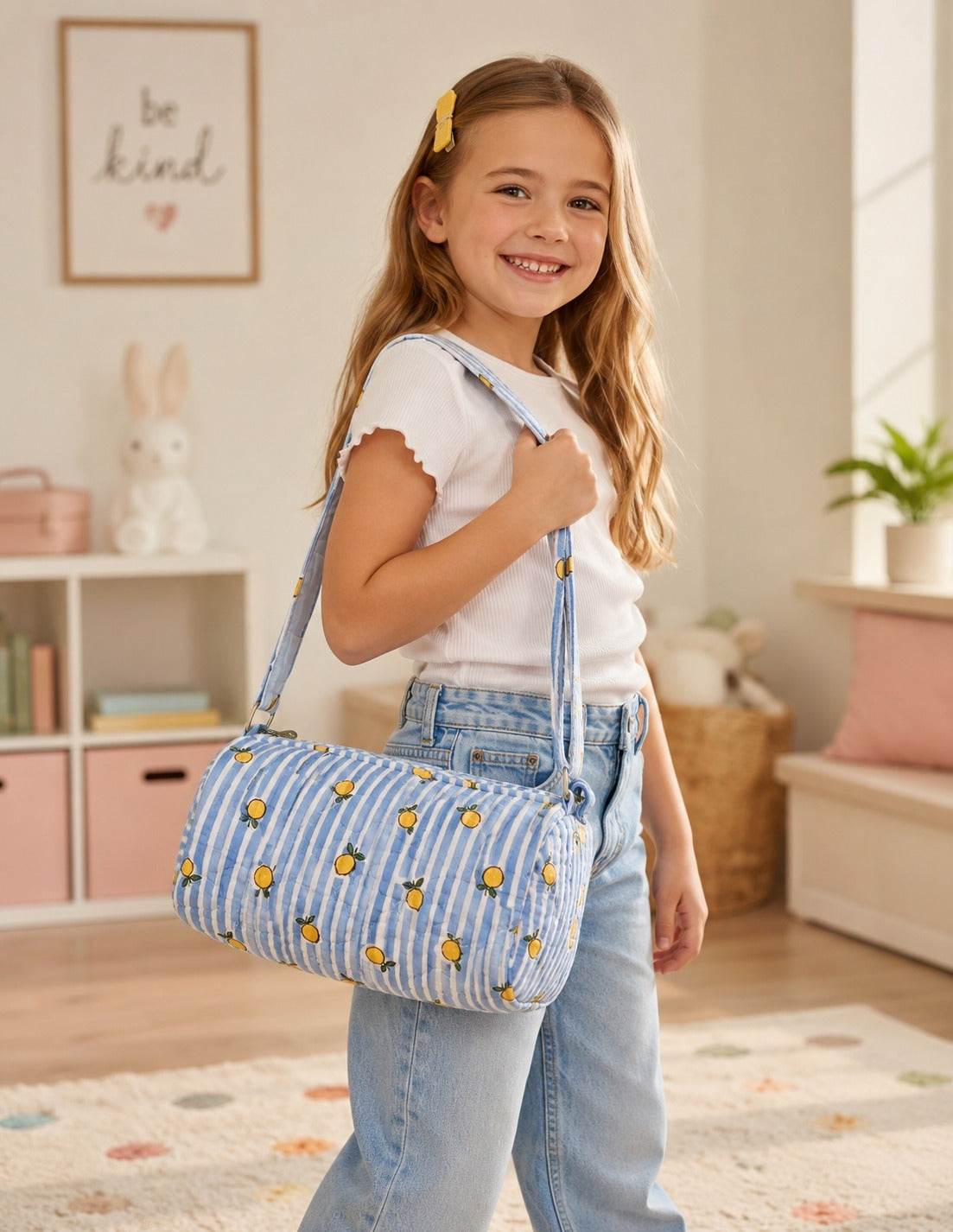 Handblock Printed Cotton Kids’ Duffle Bag with Adjustable Strap